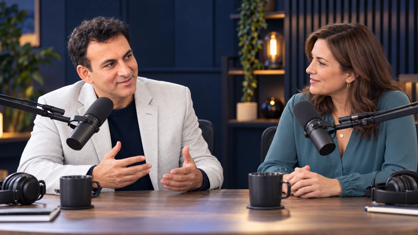 Illustrative podcast studio scene with Rohit Arora and a guest
